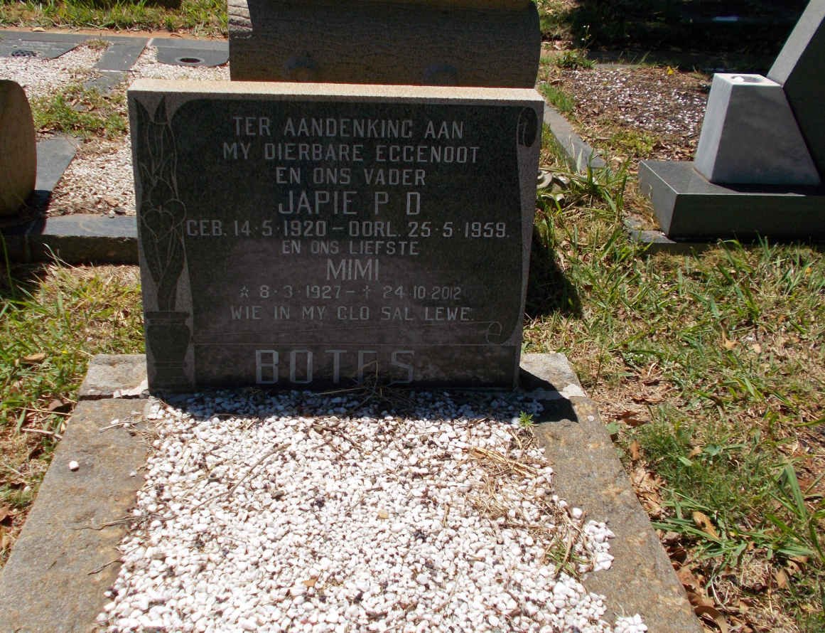 BOTES Japie P.D. 1920-1959 &amp; Mimi 1927-2012