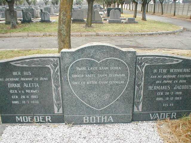 BOTHA Hermanus Jacobus 1906-1963 &amp; Dirkie Aletta V.D. MERWE 1907-1970