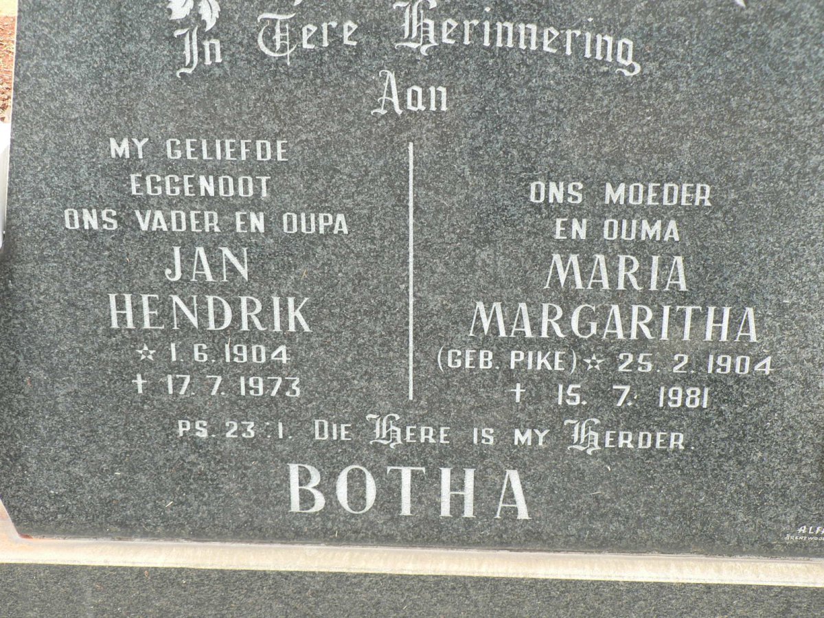 BOTHA Jan Hendrik 1904-1973 &amp; Maria Margaritha PIKE 1904-1981