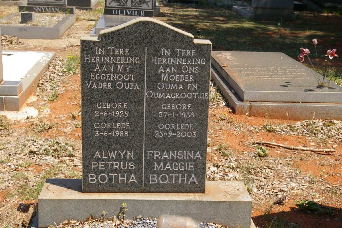 BOTHA Alwyn Petrus 1925-1988 &amp; Fransina Maggie 1938-2003