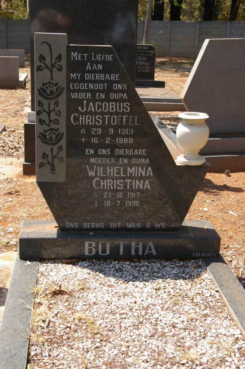 BOTHA Jacobus Christoffel 1919-1988 &amp; Wilhelmina Christina 1917-1996
