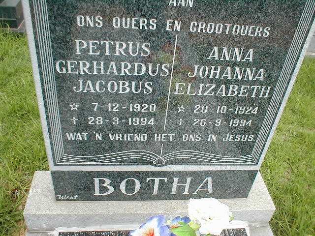BOTHA Petrus Gerhardus Jacobus 1920-1994 &amp; Anna Johanna Elizabeth 1924-1994