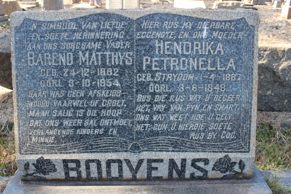BOOYENS Barend Matthys 1882-1954 &amp; Hendrika Petronella STRYDOM 1887-1948