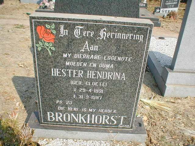 BRONKHORST Hester Hendrina nee CLOETE 1931-1997