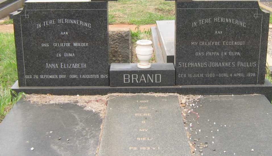 BRAND Stephanus Johannes Paulus 1900-1970 &amp; Anna Elizabeth 1902-1975