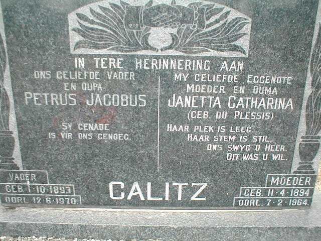 CALITZ Petrus Jacobus 1893-1970 &amp; Janetta Catharina DU PLESSIS 1894-1964