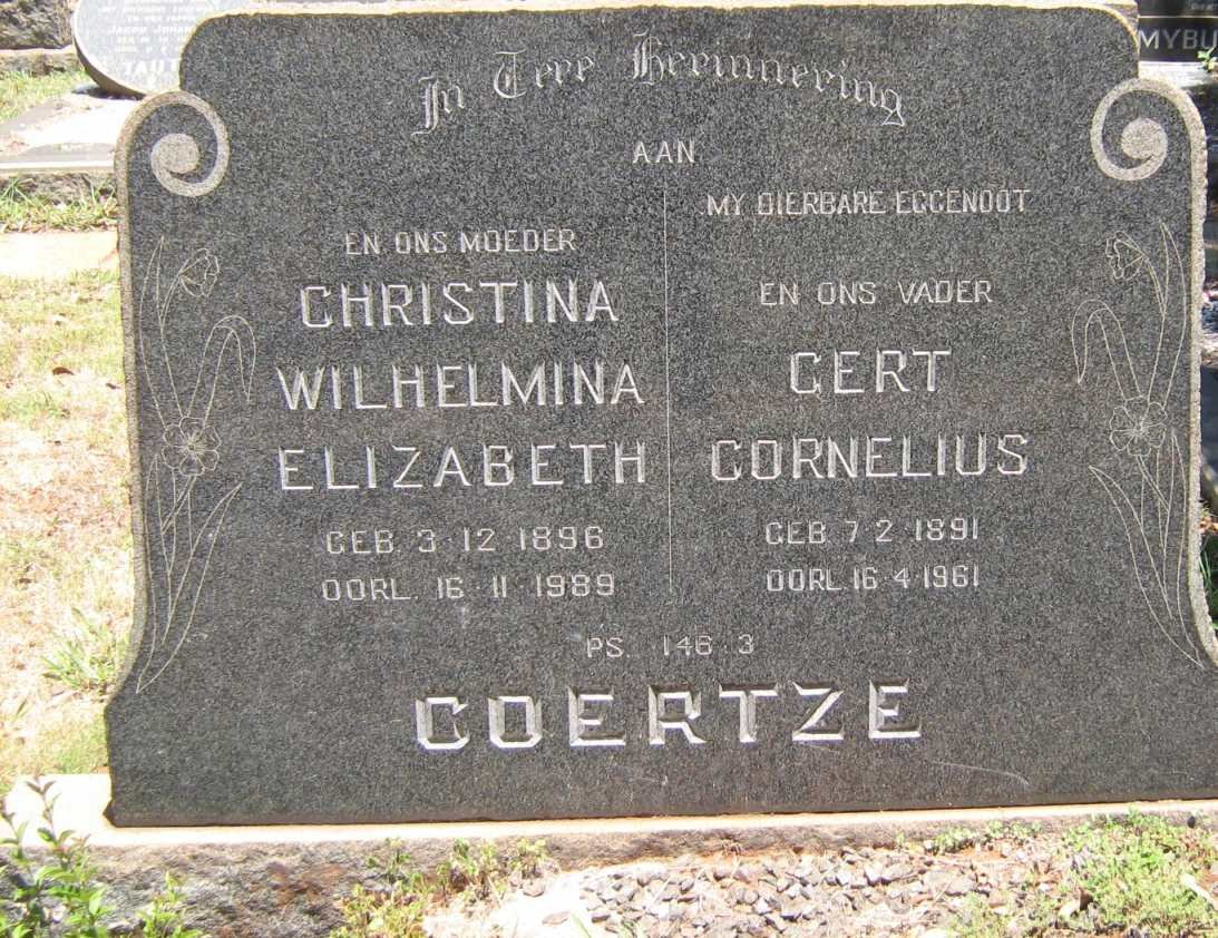 COERTZE Gert Cornelius 1891-1961 &amp; Christina Wilhelmina Elizabeth 1896-1989