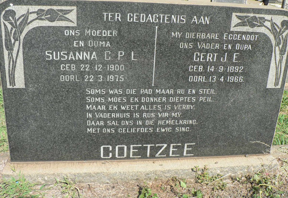 COETZEE Gert J.E. 1892-1966 &amp; Susanna C.P.L. 1900-1975