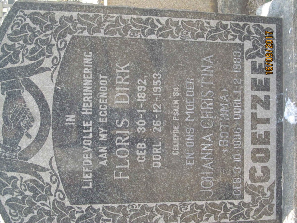 COETZEE Floris Dirk 1892-1953 &amp; Johanna Christina BOTHMA 1896-1983