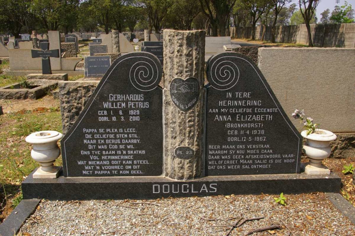 DOUGLAS Gerhardus Willem Petrus 1929-2010 &amp; Anna Elizabeth BRONKHORST 1938-1967