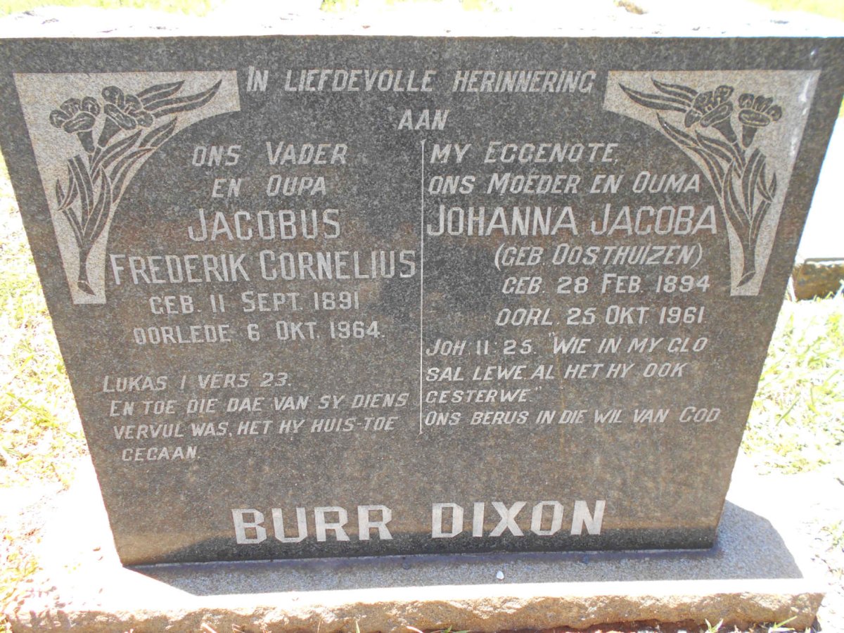 DIXON Jacobus Frederik Cornelius, BURR 1891-1964 &amp; Johanna Jacoba OOSTHUIZEN 1894-1961