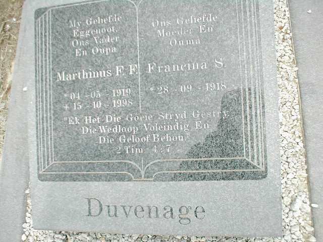 DUVENAGE Marthinus F.F. 1919-1998 &amp; Francina S. 1918-