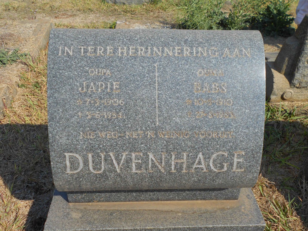 DUVENHAGE Japie 1906-1954 &amp; Babs 1910-1983
