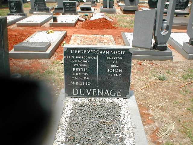 DUVENAGE Johan 1927- &amp; Bettie 1923-1988