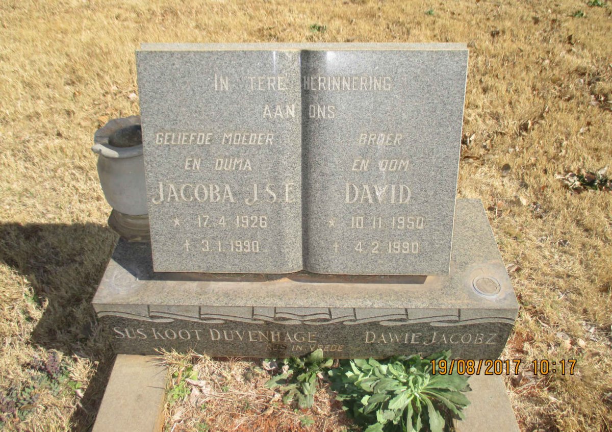 DUVENHAGE Jacoba J.S.E. 1926-1990 :: JACOBZ David 1950-1990