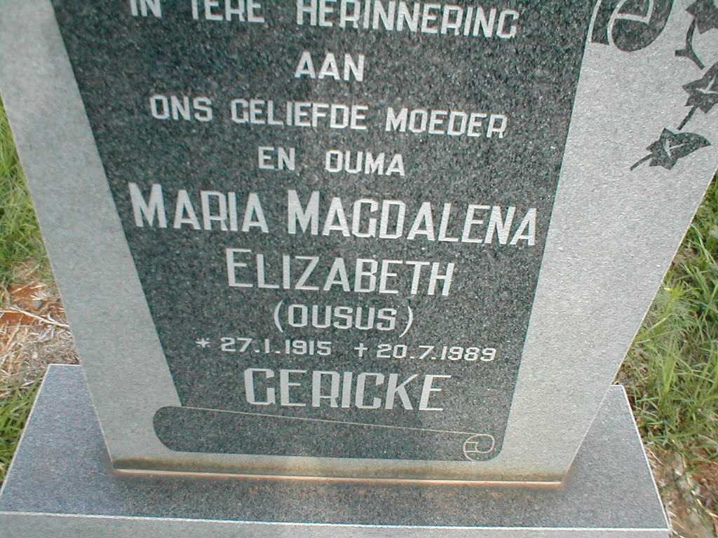 GERICKE Maria Magdalena Elizabeth 1915-1989
