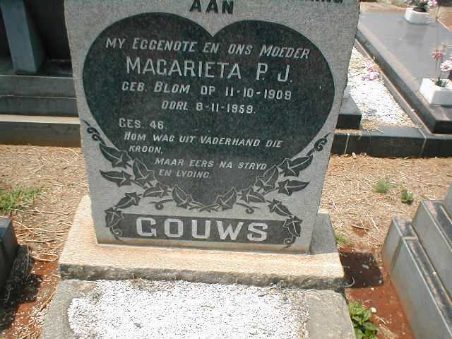 GOUWS Magarieta P.J. nee BLOM 1909-1959