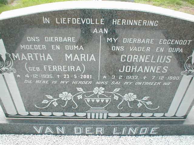 LINDE Cornelius Johannes, van der 1933-1990 &amp; Martha Maria FERREIRA 1935-2001