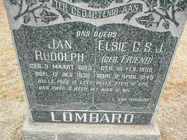 LOMBARD Jan Rudolph 1893-1938 &amp; Elsie C.S.J. FRIEND 1900-1948