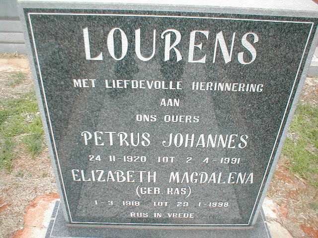 LOURENS Petrus Johannes 1920-1991 &amp; Elizabeth Magdalena RAS 1918-1998