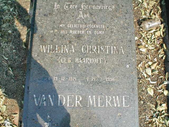 MERWE Willina Christina, van der nee HAARHOFF 1921-1996