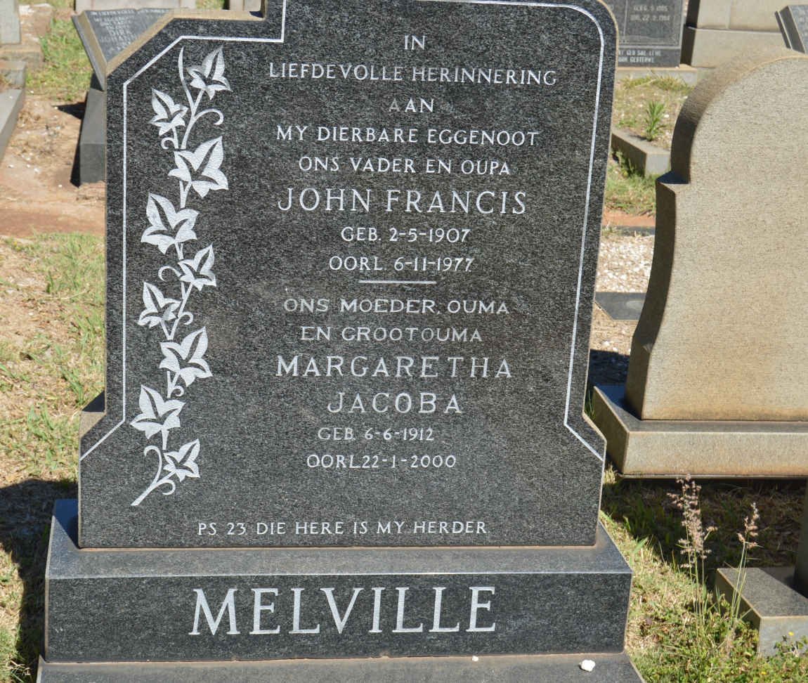 MELVILLE John Francis 1907-1977 &amp; Margaretha Jacoba 1912-2000