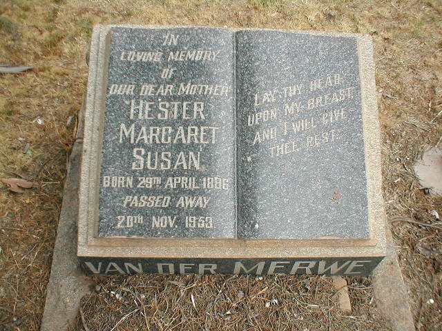 MERWE Hester Margaret Susan, van der 1886-1953