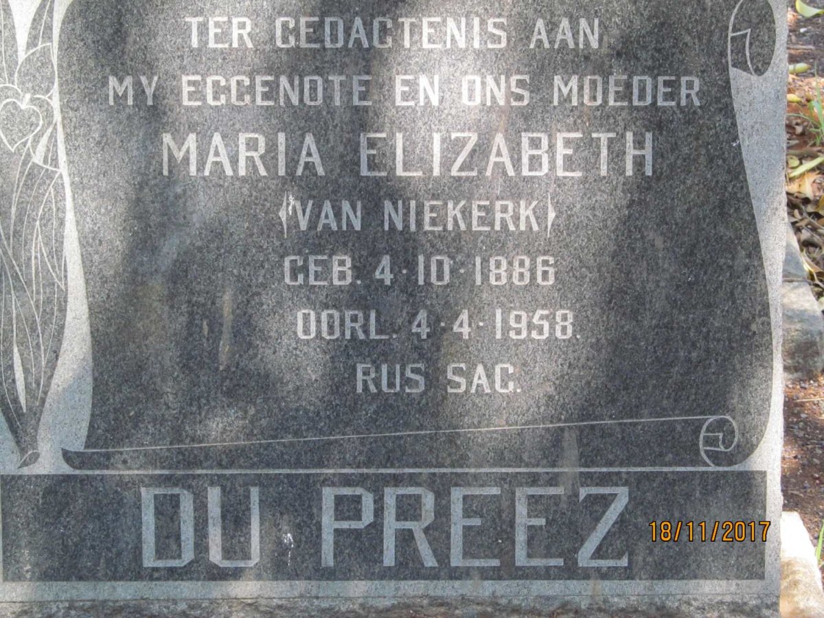 PREEZ Maria Elizabeth, du nee VAN NIEKERK 1886-1958