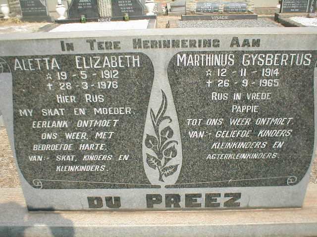 PREEZ Marthinus Gysbertus, du 1914-1965 &amp; Aletta Elizabeth 1912-1976