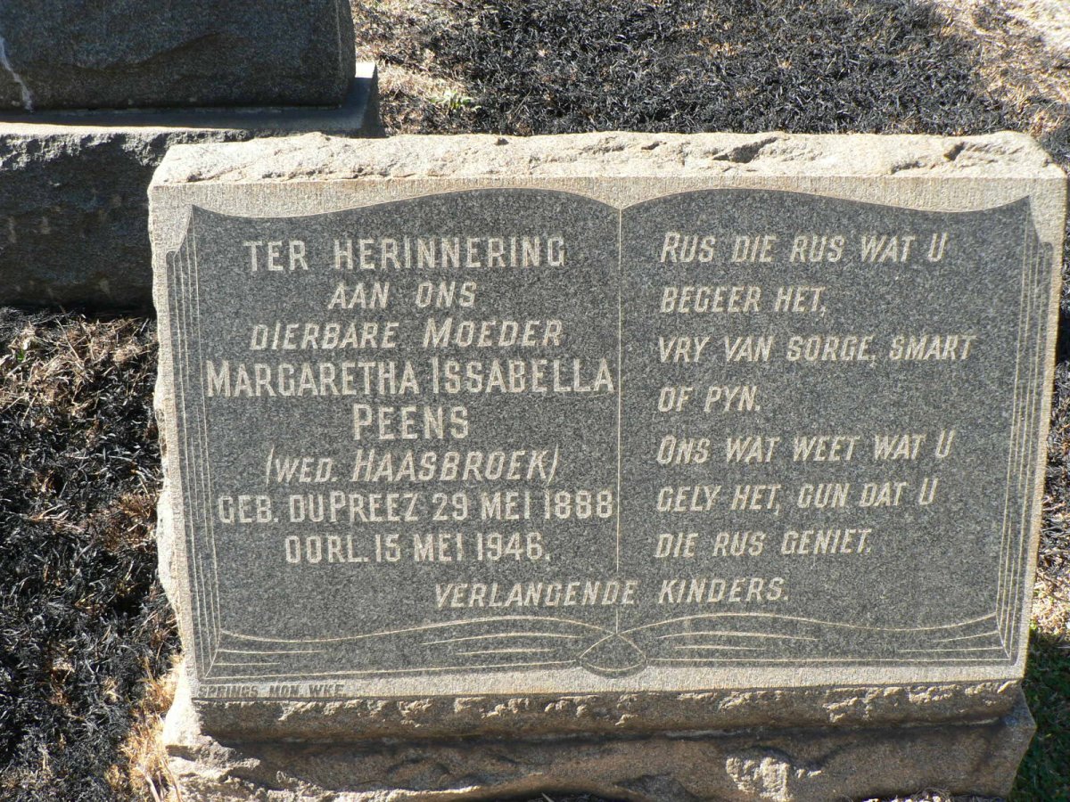 PEENS Margaretha Issabella voorheen HAASBROEK nee DU PREEZ 1888-1946