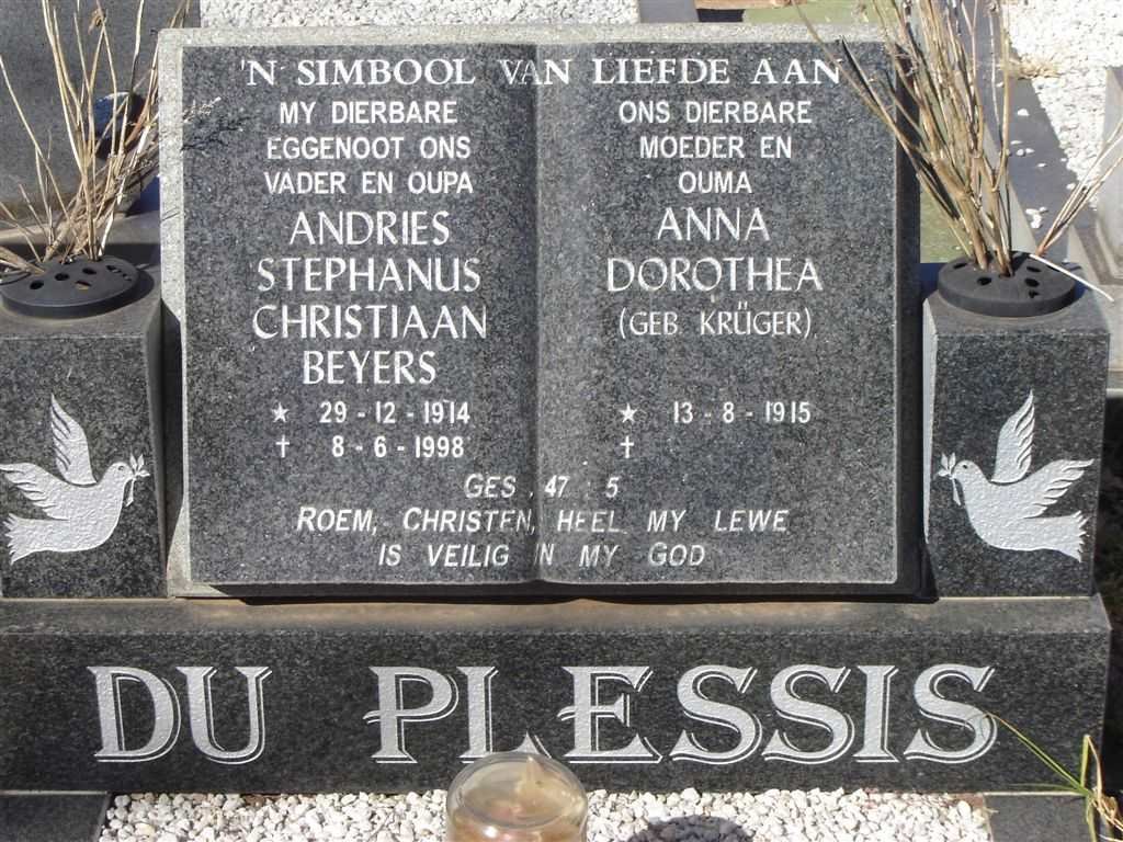 PLESSIS Andries Stephanus Christiaan Beyers, du 1914-1998 &amp; Anna Dorothea KRÜGER 1915-