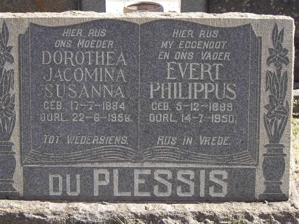 PLESSIS Evert Philippus, du 1889-1950 &amp; Dorothea Jacomina Susanna 1894-1958