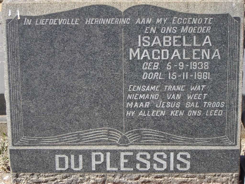 PLESSIS Isabella Magdalena, du 1938-1961