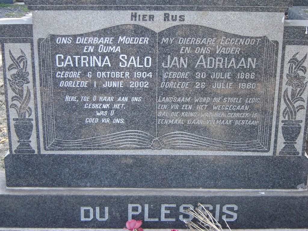PLESSIS Jan Adriaan, du 1886-1960 &amp; Catrina Salo 1904-2002