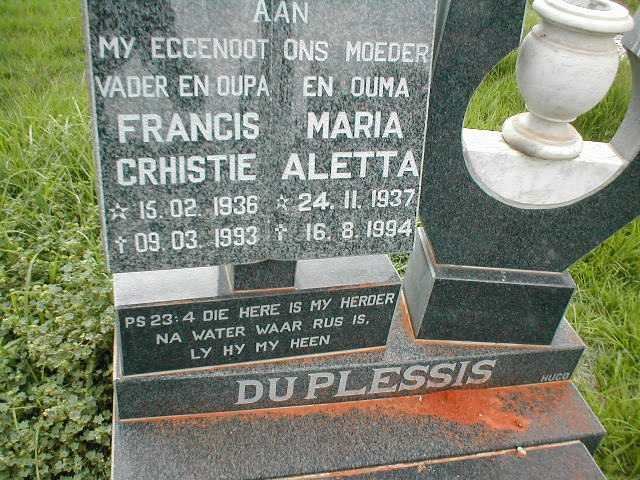 PLESSIS Francis Crhistie,du 1936-1993 &amp; Maria Aletta 1937-1994