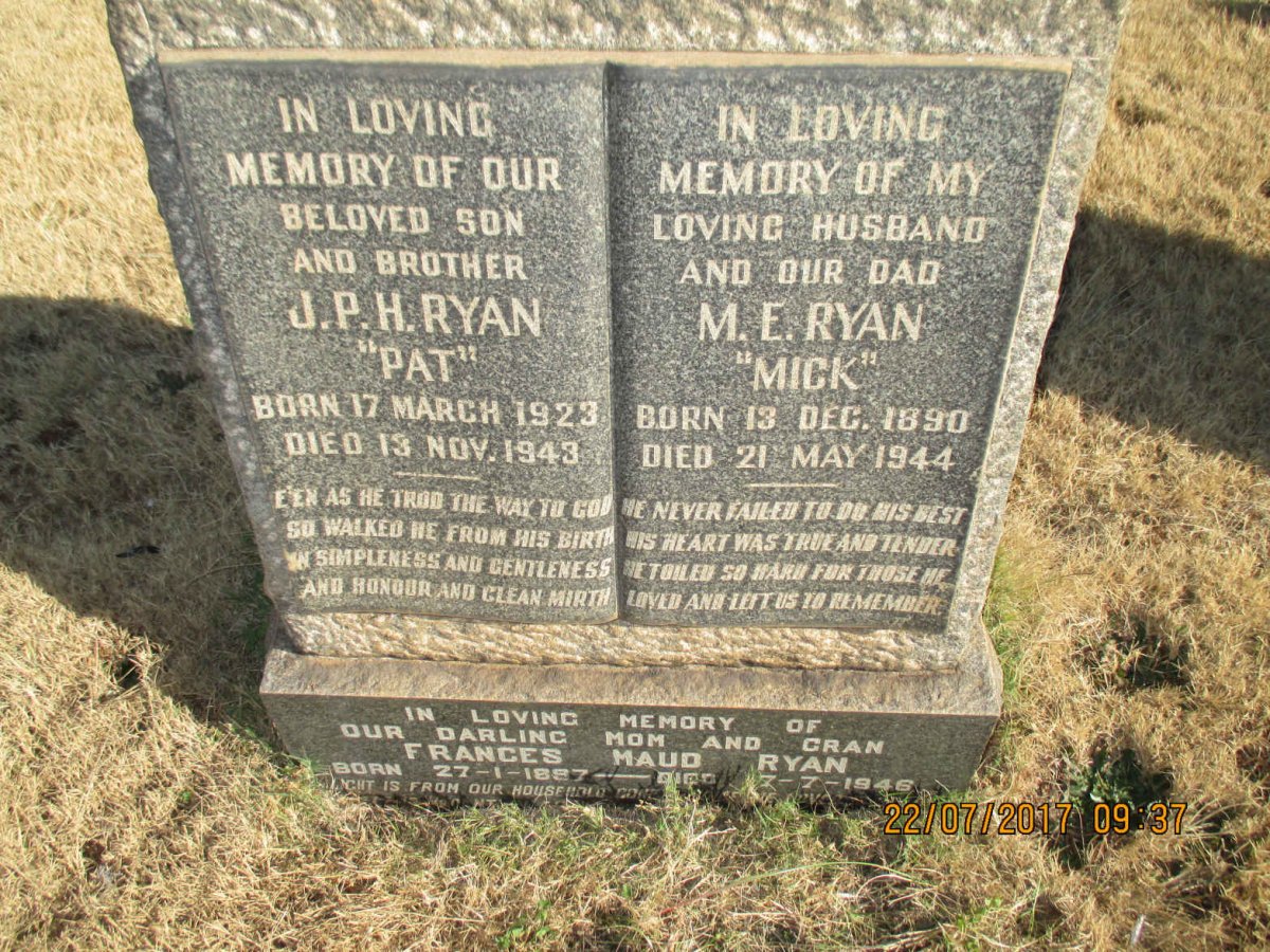 RYAN M.E. 1890-1944 &amp; Frances Maud 1897-1946 :: RYAN J.P.H. 1923-1943