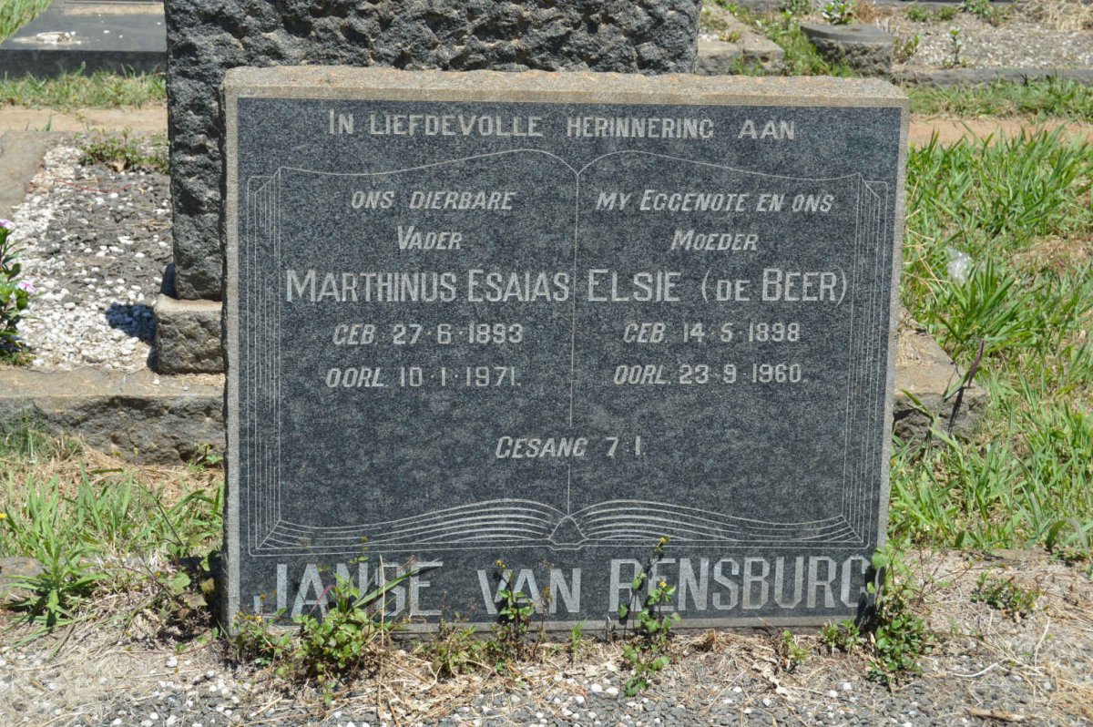 RENSBURG Marthinus Esaias, Janse van 1893-1971 &amp; Elsie DE BEER 1898-1960