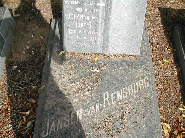 RENSBURG Johanna M.H., Jansen van nee V.D. MERWE 1939-1977