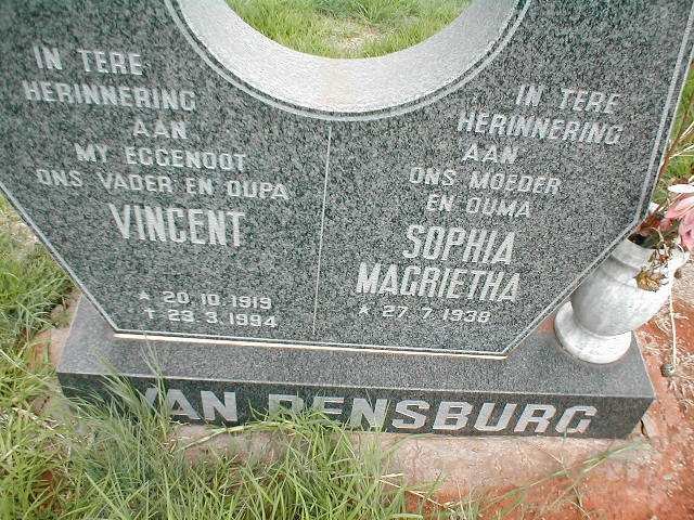 RENSBURG Vincent, van 1919-1994 &amp; Sophia Magrietha 1938-