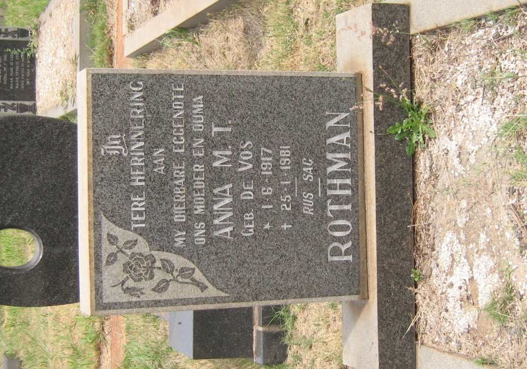 ROTHMAN Anna M. T. nee DE VOS 1917-1981