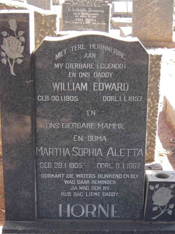 HORNE William Edward 1905-1957 &amp; Martha Sophia Aletta 1905-1967