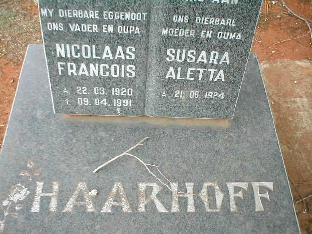 HAARHOFF Nicolaas Francois 1920-1991 &amp; Susara Aletta 1924-