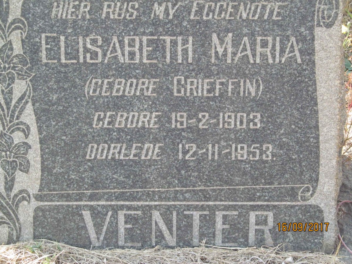 VENTER Elisabeth Maria nee GRIEFFIN 1903-1953