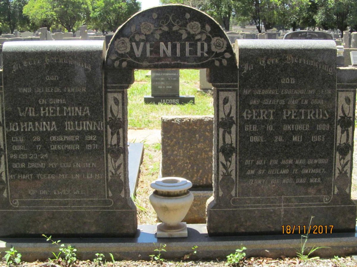 VENTER Gert Petrus 1909-1963 &amp; Wilhelmina Johanna QUINN 1912-1971