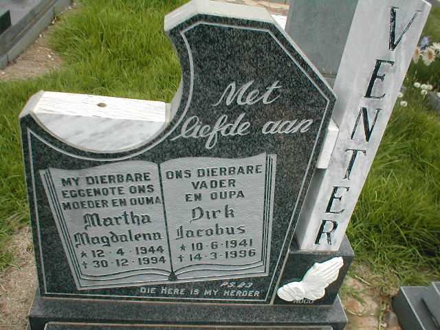 VENTER Dirk Jacobus 1941-1996 &amp; Martha Magdalena 1944-1994