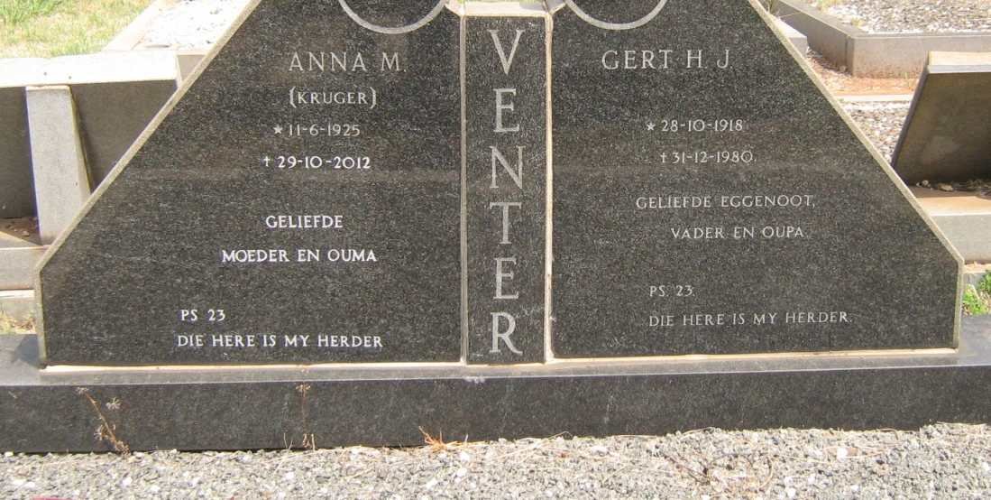 VENTER Gert H.J. 1918-1980 &amp; Anna M. KRUGER 1925-2012