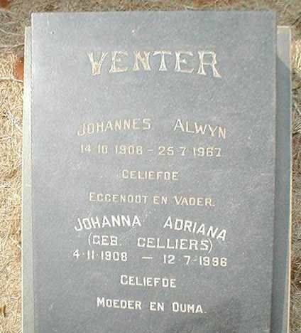 VENTER Johannes Alwyn 1908-1967 &amp; Johanna Adriana CELLIERS 1908-1996