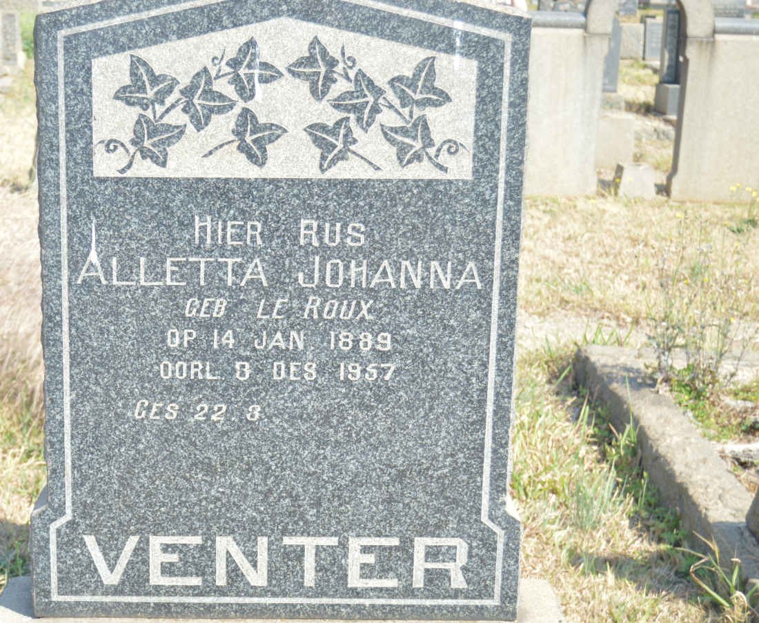 VENTER Alletta Johanna nee LE ROUX 1889-1957