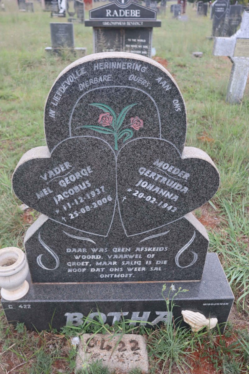 BOTHA Mel George Jacobus 1937-2006 & Gertruida Johanna 1942-
