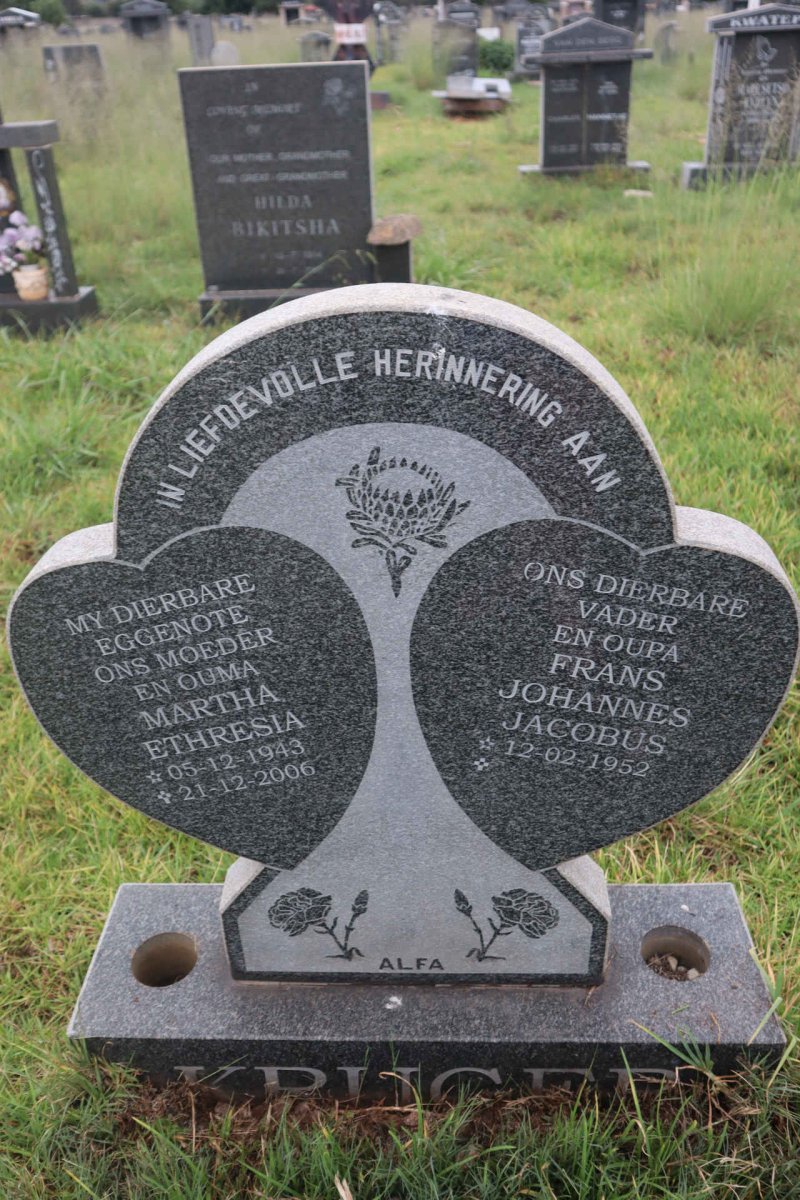 KRUGER Frans Johannes Jacobus 1952- & Martha Ethresia 1943-2006